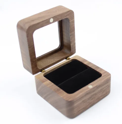 Vista 3 de Caja cuadrada de nogal rústico para propuesta, tapa transparente de madera para anillos, caja organizadora para propuesta, compromiso, boda