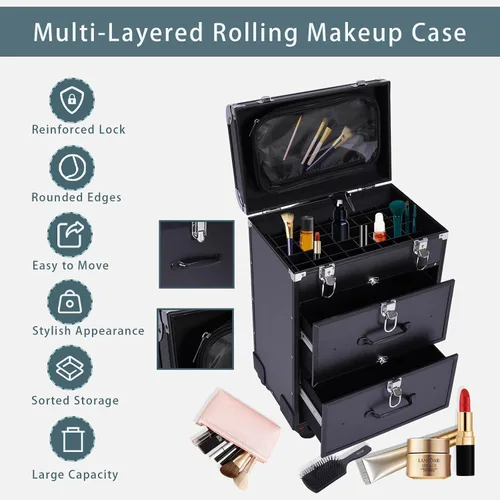 Vista 3 de Caja de almacenamiento de la carretilla del viaje del cosmético del caso del maquillaje del, Negro -, Moderno