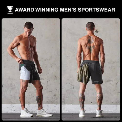 Vista 5 de Born Tough Pantalones cortos de entrenamiento 2 en 1 para hombre, pantalones cortos de gimnasio con entrepierna de 7 pulgadas, pantalones cortos