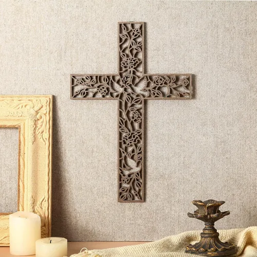Vista 2 de Yookeer Cruz de madera para colgar en la pared, paloma religiosa, decoración de sala de estar, decoración rústica de madera para el hogar