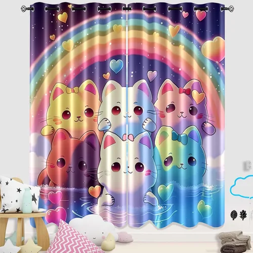 Vista 22 de Cortinas de Gato - Lindas Cortinas Opacas de Gato para Habitación de Niños Decoración Kawaii para Dormitorio de Niñas, 2 Paneles, 82 x 63 pulgadas