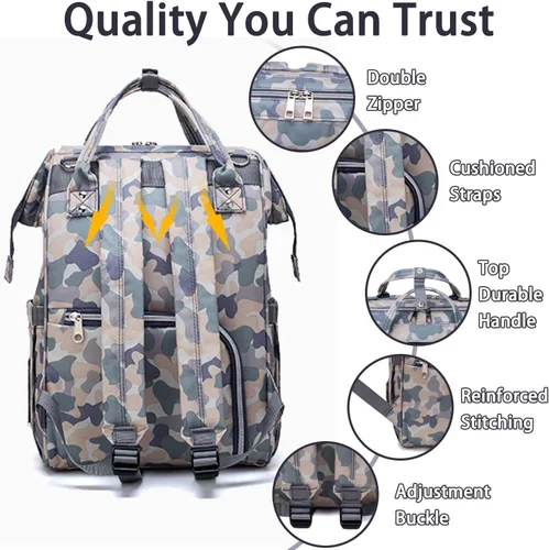 Vista 4 de Mochila de pañales con estampado de vaca con cochecito para mujer, bolsa de pañales de viaje impermeable para el cuidado del bebé, Camo, Moderno