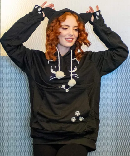 Vista 2 de ALYC Sudaderas unisex con capucha para mascotas, gato, perro, bolsa de canguro de transporte, sudadera con estampado de gato (negro, S)