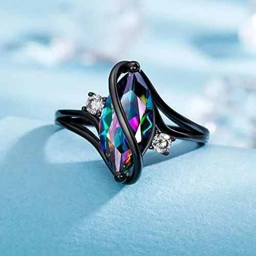 Vista 4 de 18K Black Gold Plated Rainbow CZOpal Marquise Rings for Women Cocktail Promise Eternity Band Party Birthday Gifts Fashion Jewelry