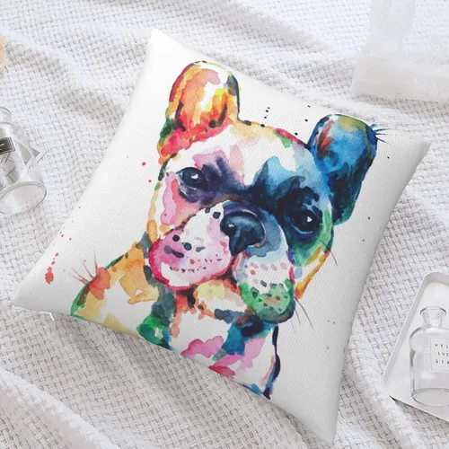 Vista 6 de VARUN Fundas de almohada creativas multicolor de bulldog francés en acuarela, cachorro, pintura artística, fundas de almohada cuadradas
