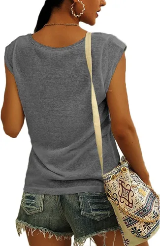 Vista 2 de Langwyqu Blusas de manga casquillo para mujer, estilo casual, holgadas, básicas, camisetas sin mangas