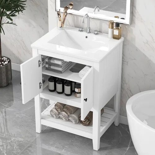 Vista 4 de Merax Moderno tocador de baño con fregadero, armario de almacenamiento de baño de 24 pulgadas con estante abierto, juego de fregadero de madera