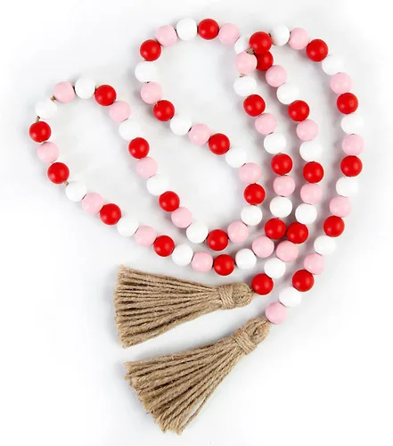 Vista 7 de Guirnalda de cuentas de madera para el día de San Valentín con borla, decoración de cuentas de madera rústica, cuentas de granja, decoración grande