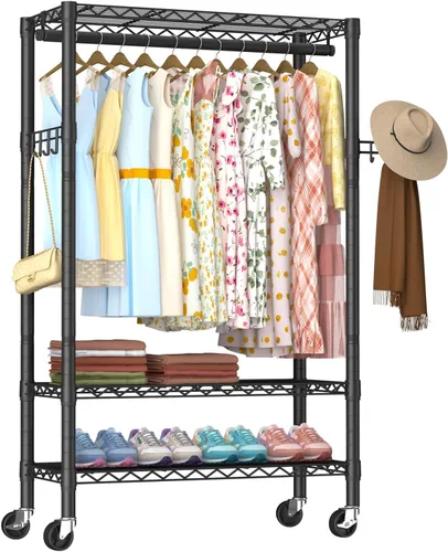Vista 13 de Estante para ropa resistente con ruedas, estante enrollable para prendas, estantes ajustables de alambre de 3 niveles para colgar ropa con barras