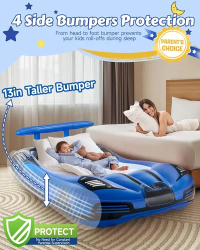 Vista 5 de CHERIMOR Cama inflable de viaje para niños pequeños con parachoques de seguridad y bomba de inflado automático de 2 minutos, colchón de aire