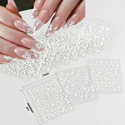 Vista 4 de 102 hojas de calcomanías para arte de uñas y libro de almacenamiento, 5200 piezas de calcomanías autoadhesivas 3D blancas con diseños florales
