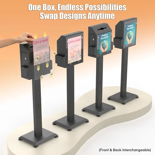 Vista 4 de Caja de sugerencias con soporte, cajas de donación negras para recaudación de fondos, urna de metal resistente con cerradura y llaves, ideal