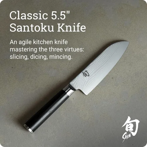 Vista 2 de Shun Cuchillo Santoku clásico de 5 1/2" Handcrafted Japanese All Purpose Knife, VG-MAX Core, Damascus Stainless Steel Cladding, Pakkawood Handle