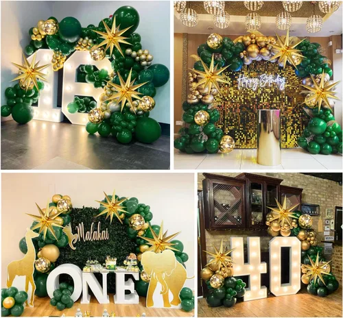 Vista 7 de Kit de arco de globos verdes y dorados con 3 globos de estrella verde
