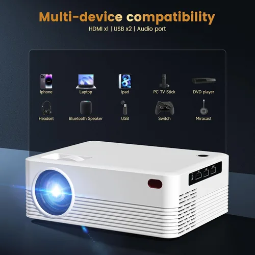Vista 5 de Mini proyector, proyector de video portátil H5 con WiFi y Bluetooth, proyector de películas compatible con 8K con sistema Android, corrección