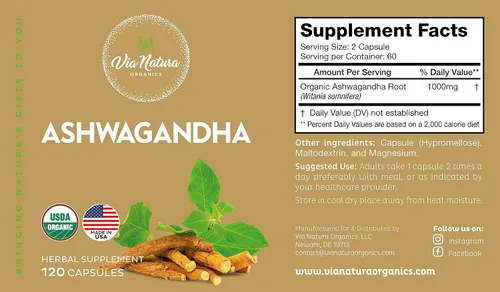Vista 2 de Ashwagandha Cápsulas 1000mg Suplemento de hierbas orgánicas 120 cápsulas