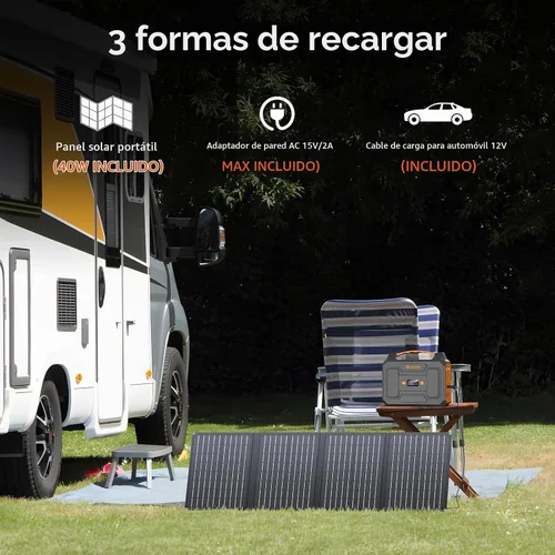 Vista 4 de Generador Solar Portátil con Panel, Estación de Energía Portátil de 300W con Panel Solar Plegable de 40W, Tomacorriente de CA de 110V 100W, Banco