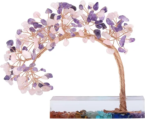 Vista 8 de rockcloud Árbol de dinero de piedra de cristal aguamarina con base de resina de chakras, hecho a mano, árbol bonsái de Feng Shui, decoración de Azul