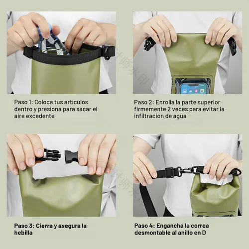 Vista 3 de Bolsa seca impermeable de 2 litros, funda enrollable para teléfono de playa, bolsa seca ligera para natación, kayak, campamento, pesca, viajes, Verde