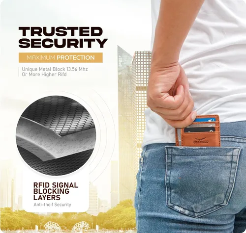Vista 6 de Claasico Billetera pequeña de bolsillo frontal para hombre con bloqueo RFID, de cuero genuino, tarjetero