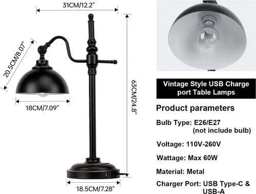 Vista 2 de Lámpara industrial de escritorio, lámpara de trabajo de metal negro con 2 puertos de carga USB, estilo vintage de granja para dormitorio, café
