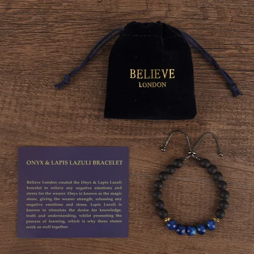 Vista 2 de Believe London Pulsera de piedra de ónix y lapislázuli en caja de regalo fuerte elástico sanación hombres mujeres piedras preciosas preciosas