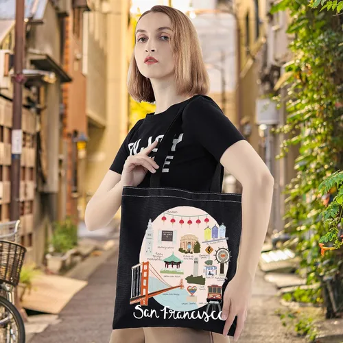 Vista 5 de LEVLO San Francisco Trip Tote Bag - Golden Souvenir Bolsa de comestibles reutilizable