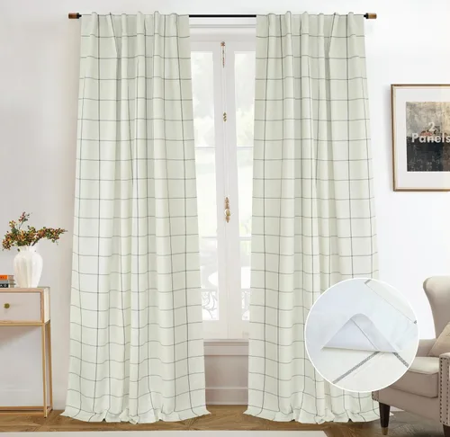 Vista 45 de DriftAway 2 paneles cortinas de lino a cuadros 100% opacas de doble capa cortinas para dormitorio de 96 pulgadas de largo estilo granja con Gris