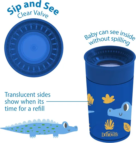Vista 4 de Dr. Brown's Milestones Cheers 360 - Vaso de transición sin boquilla, apto para viajes y sin fugas, para bebés y niños pequeños, animales azul/verde