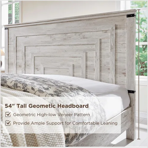 Vista 4 de RedLemon - Marco de cama de estilo granja Queen con cabecera geométrica de 137 cm de altura, cama de plataforma de madera rústica con 2 cajones