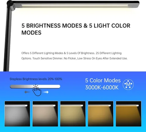 Vista 4 de Lámpara de escritorio LED Ambertronix con puerto de carga USB, luz de escritorio regulable para lectura y cuidado de los ojos para el hogar, con 5