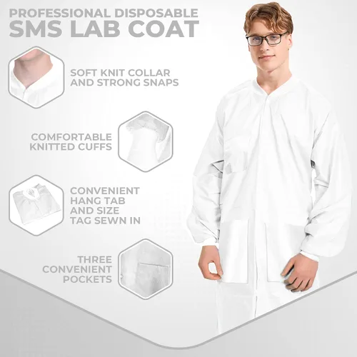 Vista 2 de Medical Nation Paquete de 10 abrigos de laboratorio desechables Abrigo de laboratorio duradero de 1.76 oz SMS hasta la rodilla, reutilizable