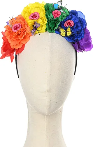 Vista 8 de DreamLily Frida Kahlo NC26 - Diadema con corona de rosas mexicanas para disfraz de fiesta de Halloween