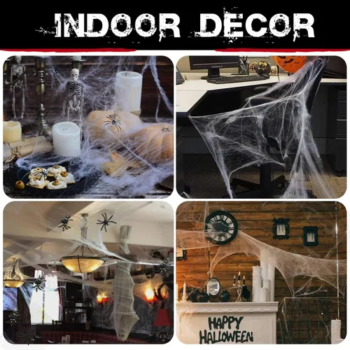 Vista 6 de 1000 pies cuadrados de telarañas de Halloween, decoración con 30 arañas falsas, telarañas superelásticas para suministros de fiesta de Halloween