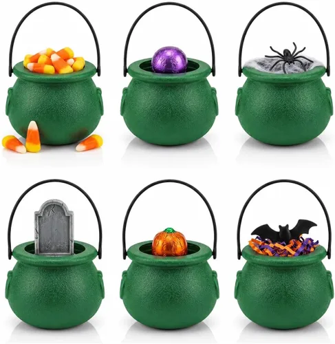 Vista 13 de PMU Caldero de Halloween 6 piezas de 3 pulgadas pequeño de bruja de plástico para caldero negro, para decoración de Halloween