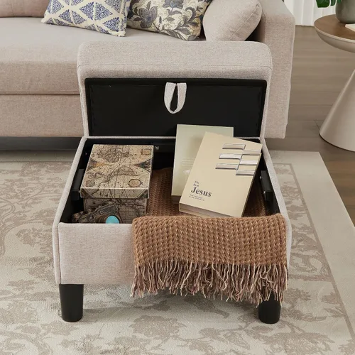 Vista 5 de Sofá modular convertible de 101 pulgadas, moderno sofá en forma de U de tela de lino con 2 otomanas de almacenamiento y bolsillo de almacenamiento