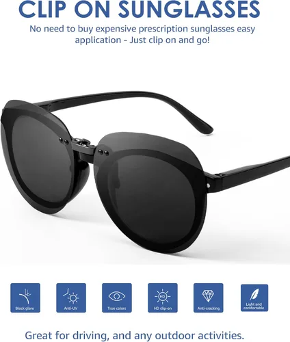 Vista 5 de Xfeel Lentes de sol polarizados negros con clip sobre lentes graduados para mujeres y hombres, se ajustan sobre lentes de moda