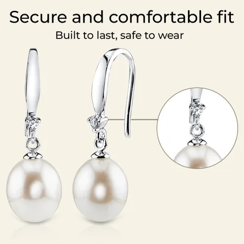 Vista 6 de The Pearl Source Real Pearl Dangle Earrings for Women with Genuine AAAA Quality White Freshwater Cultured Pearls 14K Gold Plated 925 Sterling