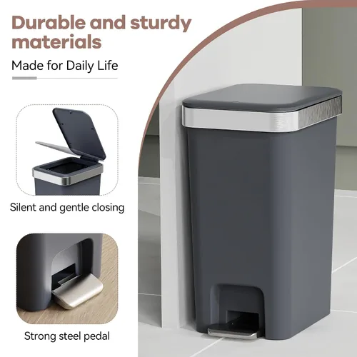 Vista 5 de Cubo de basura pequeño para baño con tapa de cierre suave, cubo de basura delgado de 10 litros/2.6 galones, escalón de metal y tapa superior