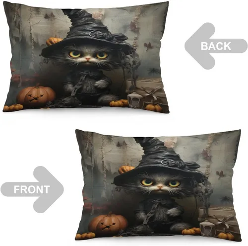 Vista 3 de Funda de almohada con sombrero de bruja con diseño de gato de 20 x 30 pulgadas, diseño de impresión de doble cara con cremallera invisible, Patrón 8