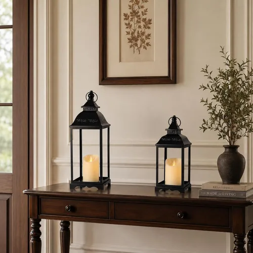 Vista 4 de Decorative Candle Lanterns Set of 2, Black Metal for Indoor & Outdoor Negro