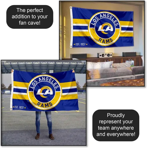 Vista 5 de Bandera grande de Los Angeles Rams con botón de parche y logotipo circular de 3 x 5 pulgadas
