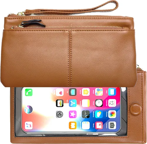 Vista 8 de Funda de cuero para teléfono con pantalla táctil, cartera de mano para mujeres y niñas F23 Rosa Claro 2 bolsillos