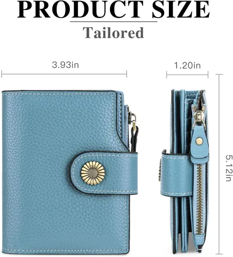 Vista 3 de FALAN MULE Cartera pequeña para mujer, de piel auténtica, plegable, compacta, con bloqueo RFID, pequeña cartera para mujer, AA-Azul claro, Moda