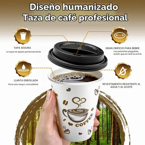 Vista 2 de Ginkgo Tazas de café desechables con tapas, 12 onzas, paquete de 100 unidades, taza de café de papel para llevar para coco caliente, chocolate