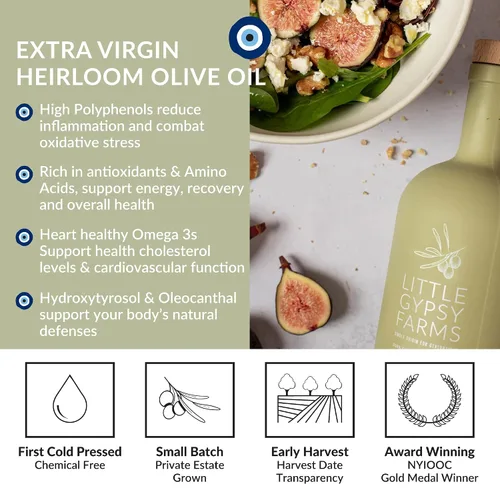 Vista 2 de AOVE reliquia Little Gypsy Farms - Aceite de oliva virgen extra griego cultivado en finca Variedad de oliva más saludable 5X polifenoles