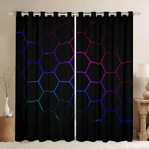 Vista 15 de Feelyou - Cortinas de ventana en forma de panal, tema geométrico hexagonal con luces de neón verdes, para chicos adolescentes y hombres, elegante