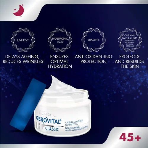 Vista 5 de GEROVITAL H3 CLASSIC - Crema de noche nutritiva antiarrugas con Juvinity™ + Vitamina E + Ácido Hialurónico, 45+ (1.7 fl oz)
