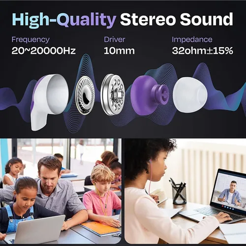 Vista 8 de Paquete de 100 auriculares Marbles a granel, auriculares multicolor Chromebook para el aula
