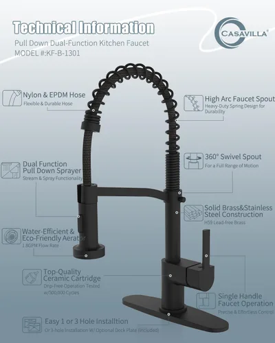 Vista 8 de Grifo de cocina negro con dispensador de jabón, grifo para fregadero de cocina, llave de fregadero de cocina con placa de cubierta, grifo de cocina